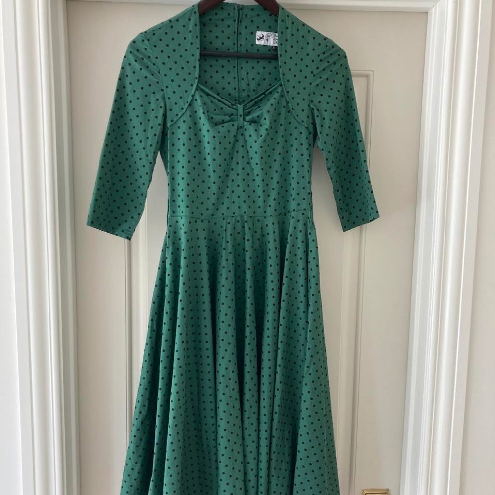 Hell Bunny Vixen Green Polka Dot Dress - Picture 2 of 5